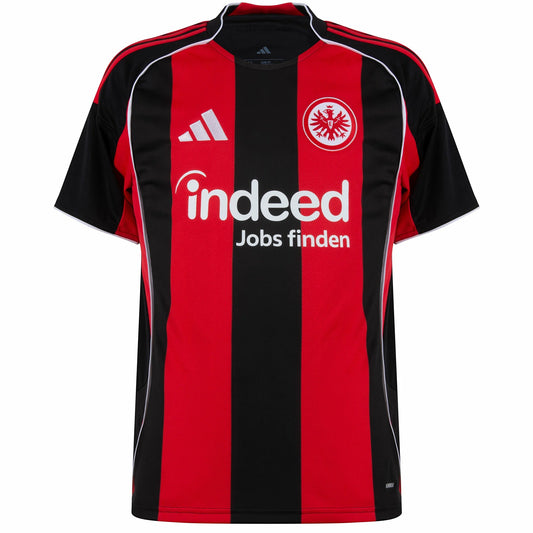GOATkitz Eintracht Frankfurt 2025-26 adult home jersey, black and red vertical stripes, white accents, customizable.