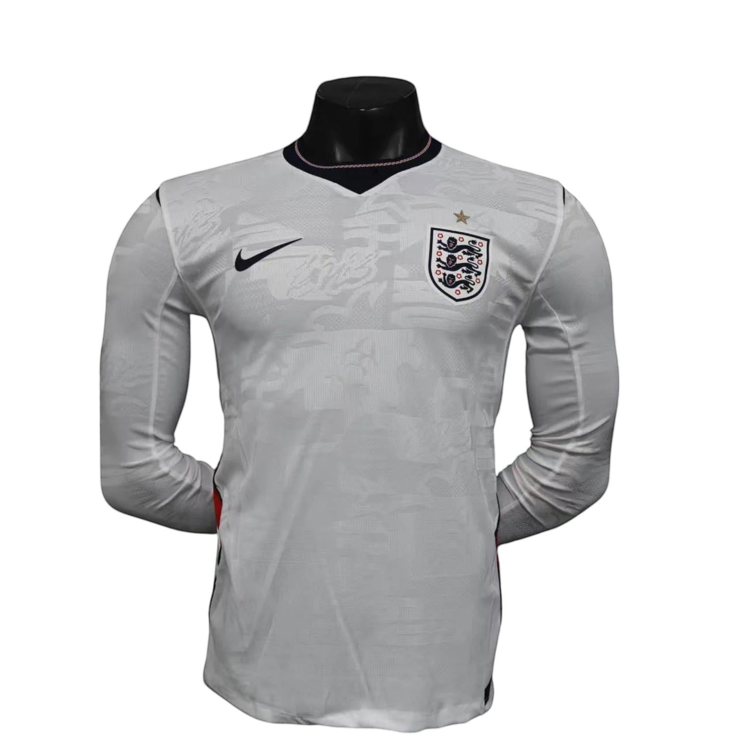 GOATkitz England 2026 player version long sleeve white football jersey with crest and Nike swoosh logo.
