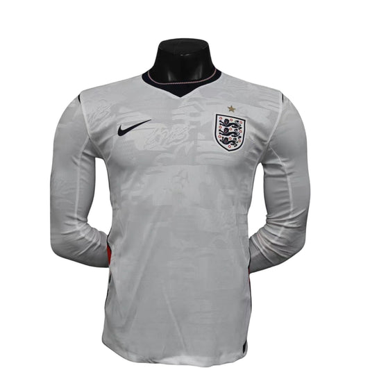 GOATkitz England 2026 player version long sleeve white football jersey with crest and Nike swoosh logo.