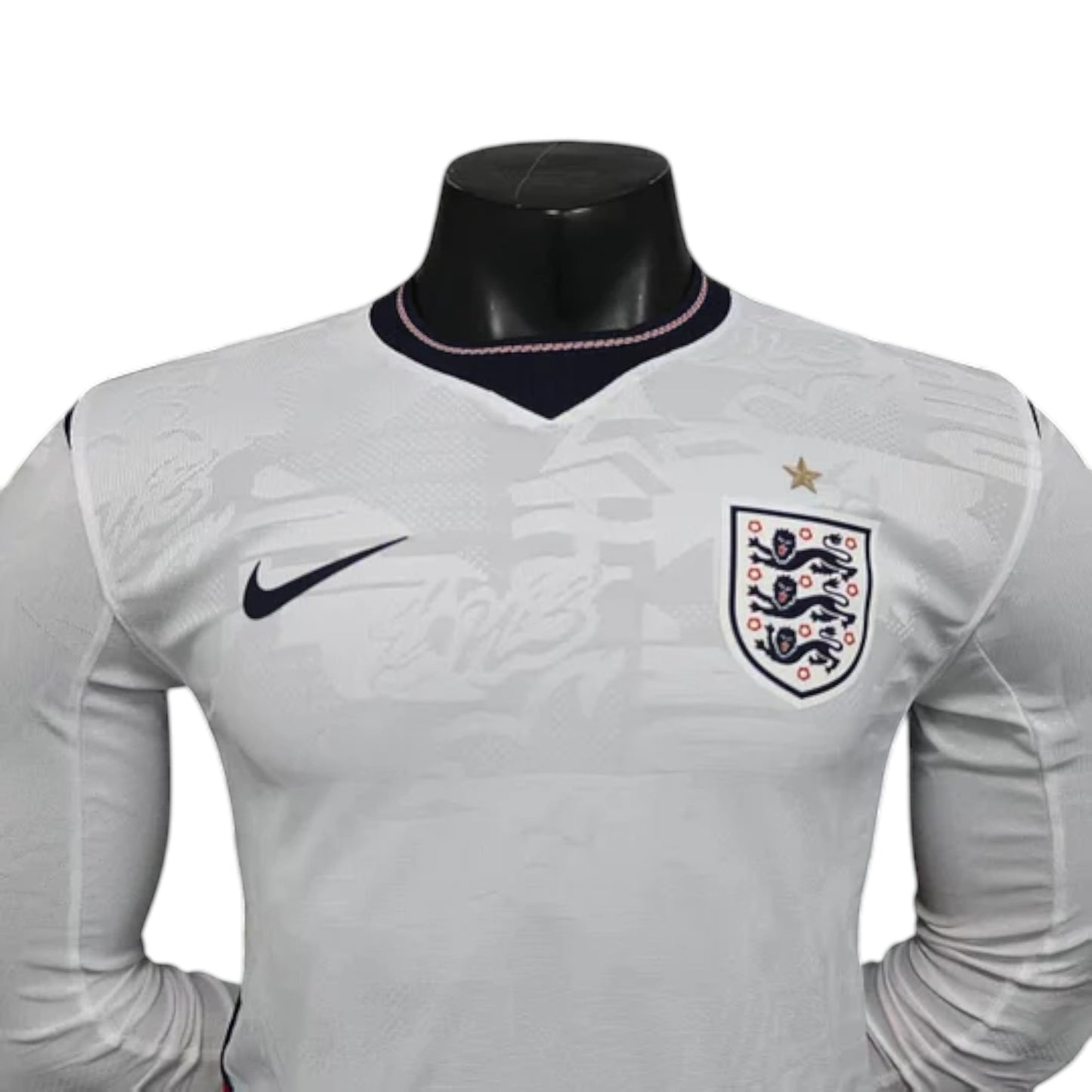 GOATkitz England 2026 player version long sleeve white football jersey with navy trim and crest. Features Nike logo.