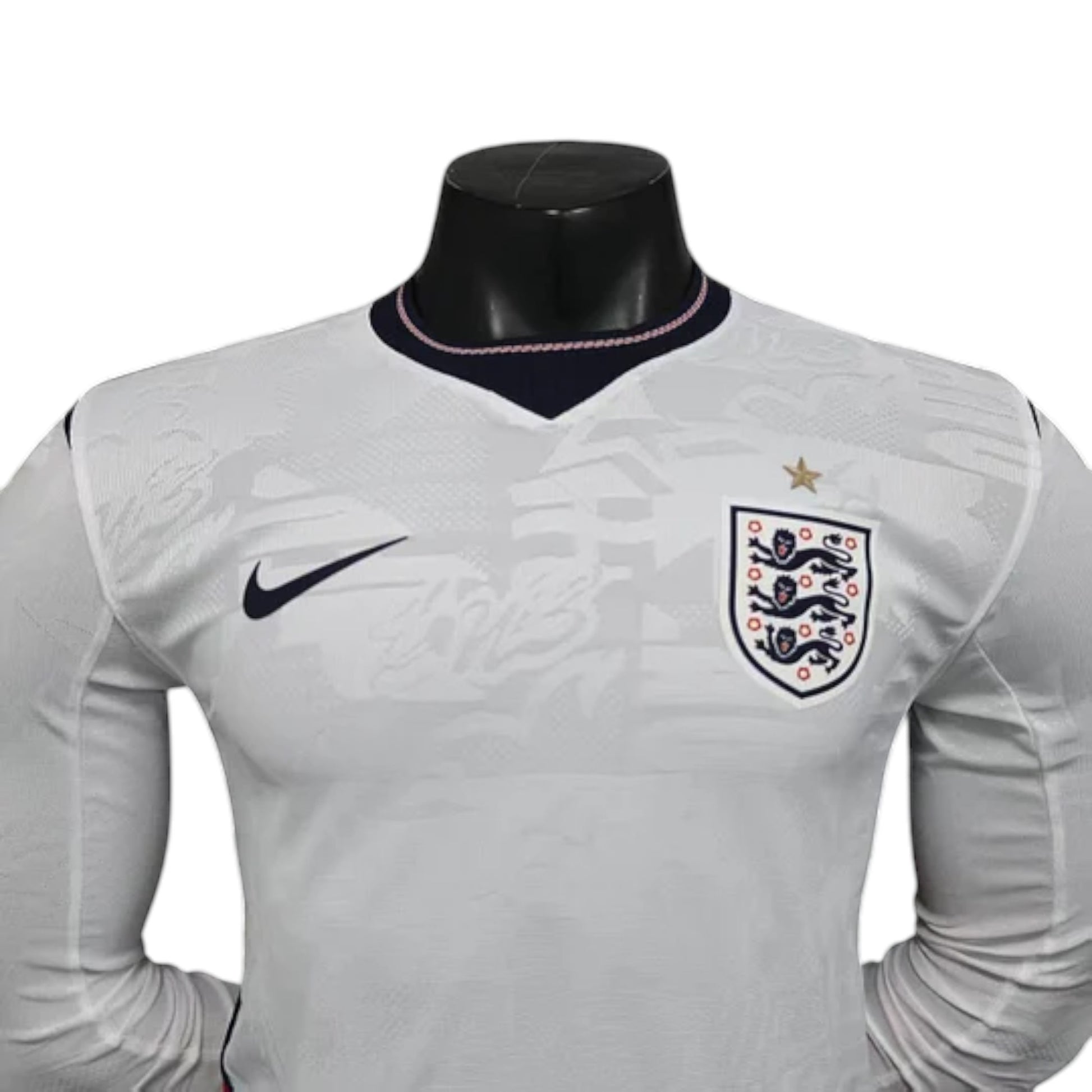 GOATkitz England 2026 player version long sleeve white football jersey with navy trim and crest. Features Nike logo.