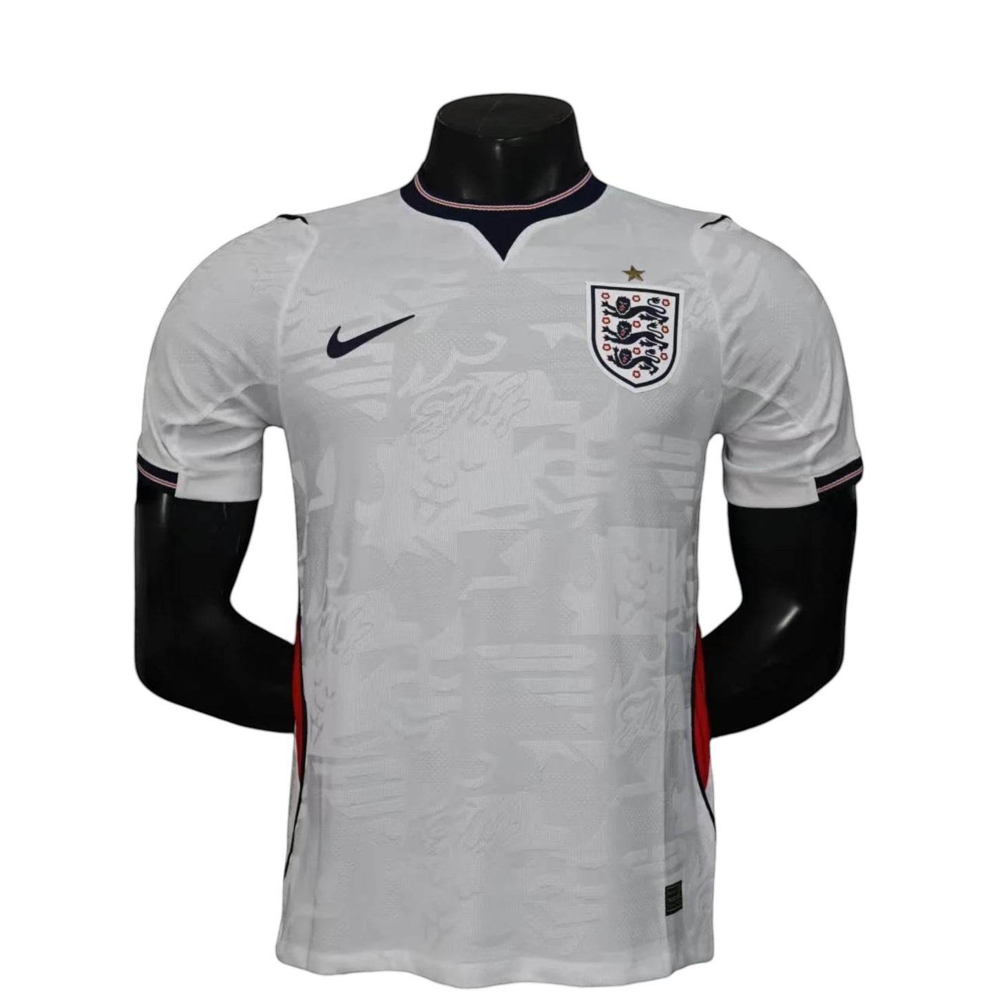 GOATkitz England 2026 player version white football jersey with navy collar and red side accents. Customizable.