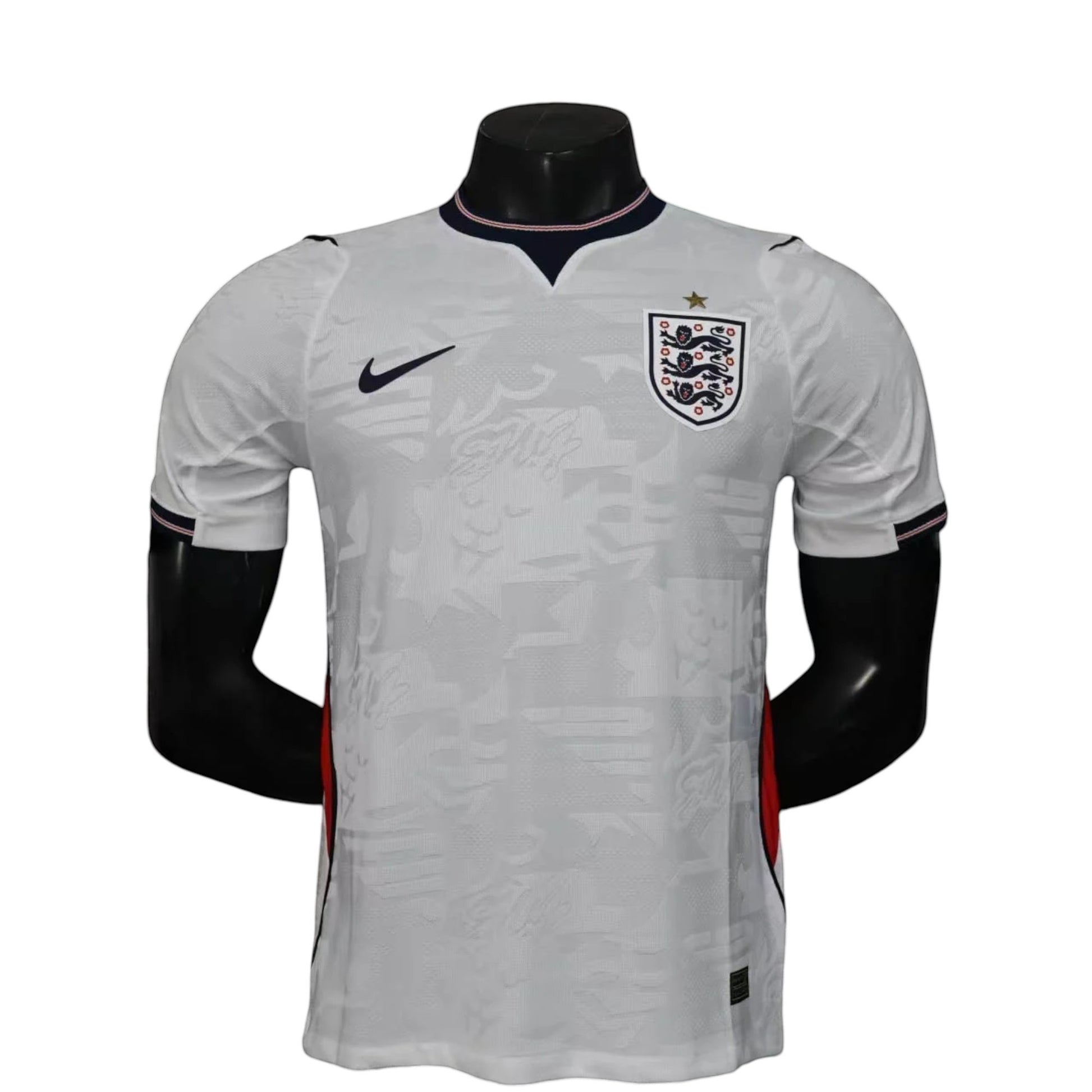 GOATkitz England 2026 player version white football jersey with navy collar and red side accents. Customizable.