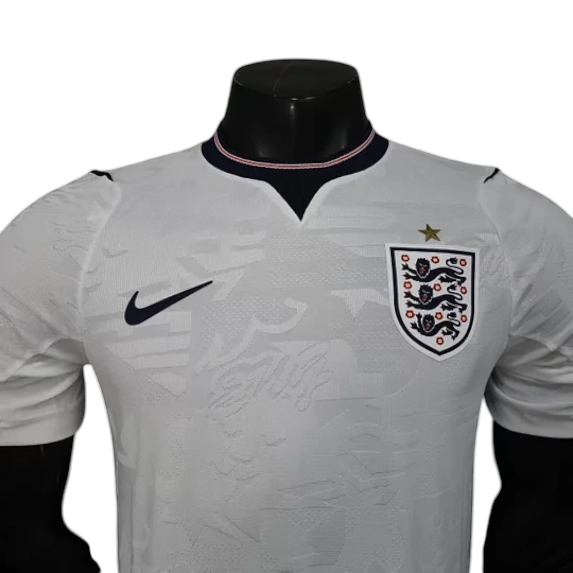 GOATkitz England 2026 player version white football jersey with navy blue Nike logo and crest. Features customisable name/number and optional badges.
