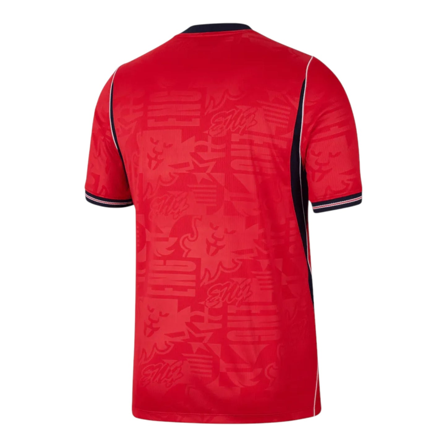 GOATkitz England 2026 kids away jersey in red with navy trim and subtle embossed lion graphics. Short sleeves with striped cuffs.