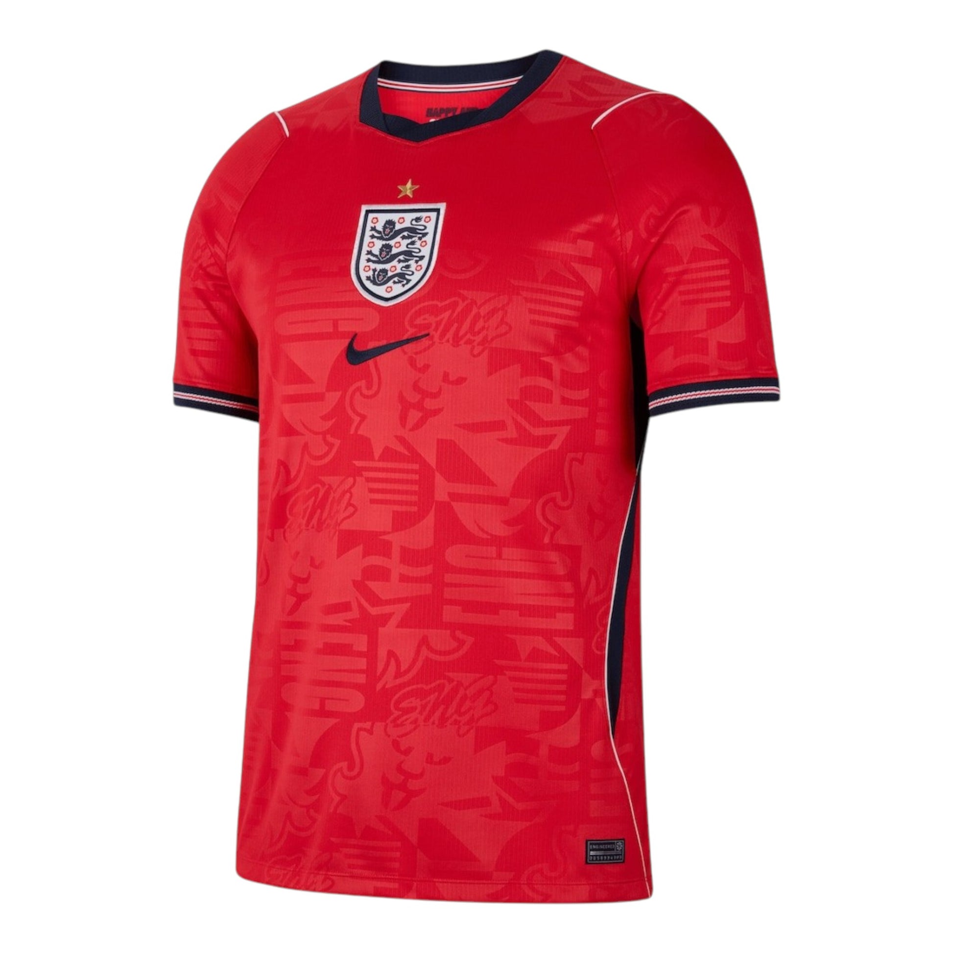 GOATkitz England 2026 red football jersey with navy trim and embroidered crest. Customizable fan version.
