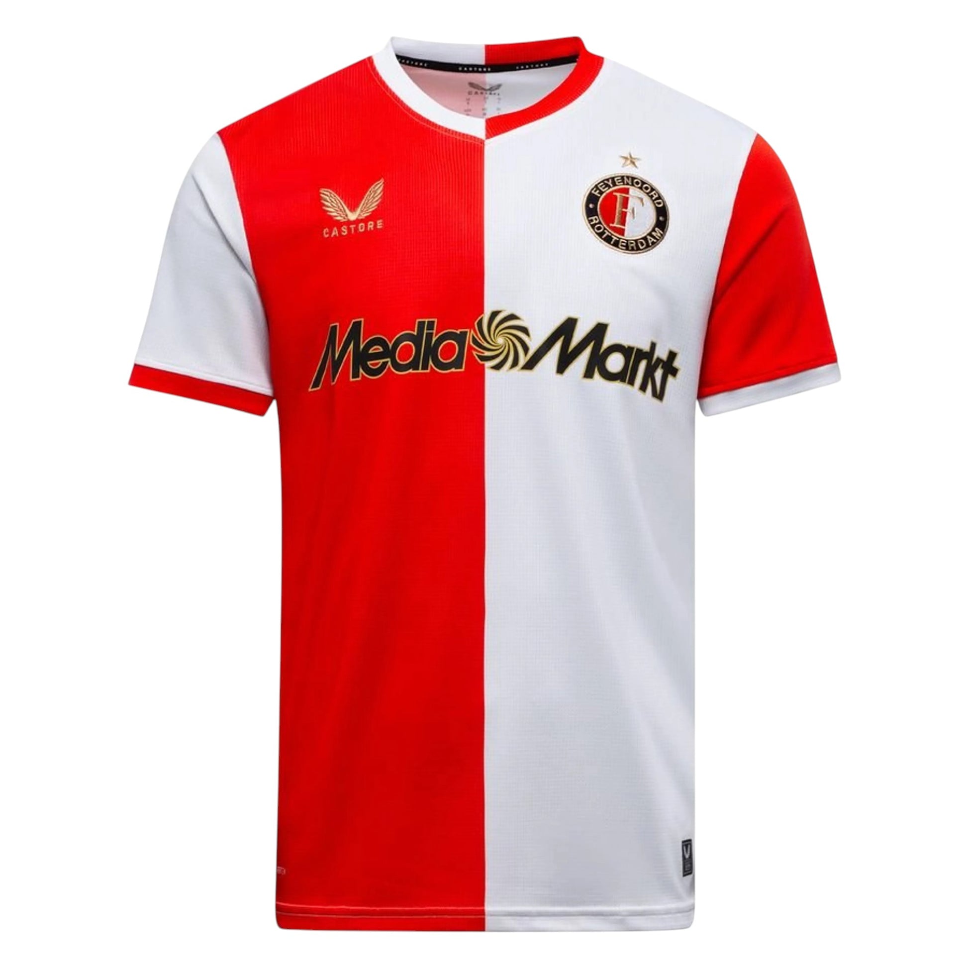 GOATkitz Feyenoord 2025-26 adult home jersey in red and white halves, featuring Castore and MediaMarkt logos.