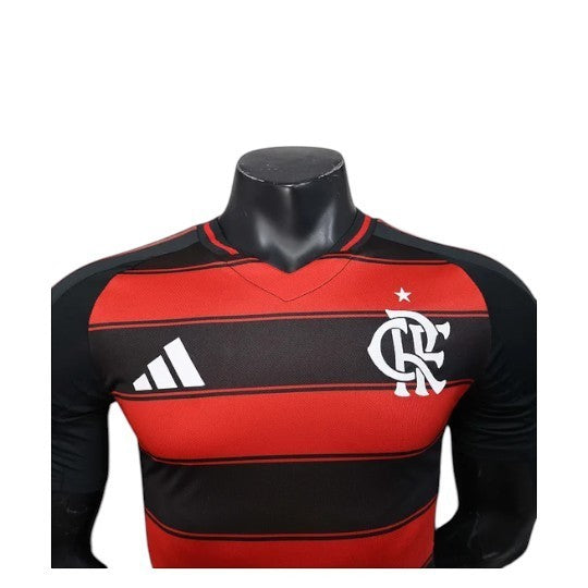 GOATkitz Flamengo 2025-26 Player Version Home Jersey: red and black striped, V-neck, Adidas logo, club crest.
