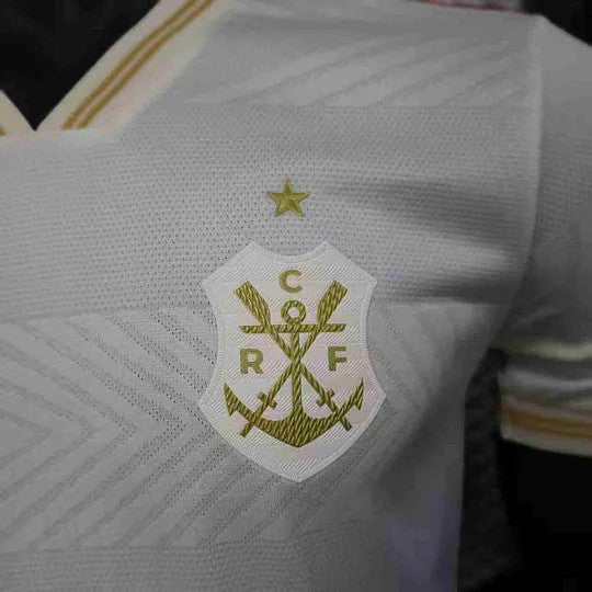 GOATkitz white and gold Flamengo 2025-26 player version third jersey with customizable badges and name/number.