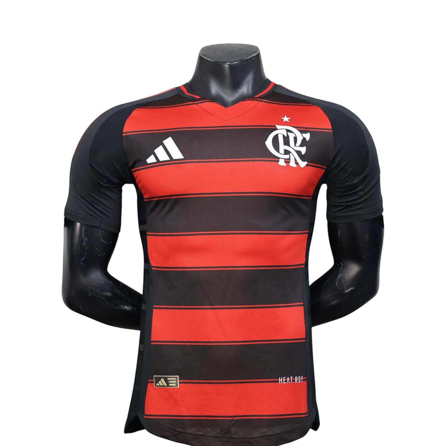GOATkitz Flamengo 2025-26 Player Version Home Jersey, red and black striped, short sleeves, V-neck, customizable.