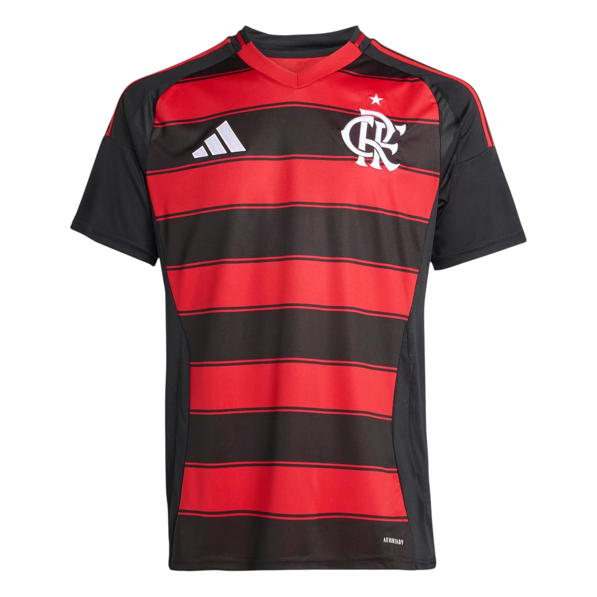 GOATkitz Flamengo 2025-26 adult home jersey, red and black striped, short sleeves, v-neck, customizable.