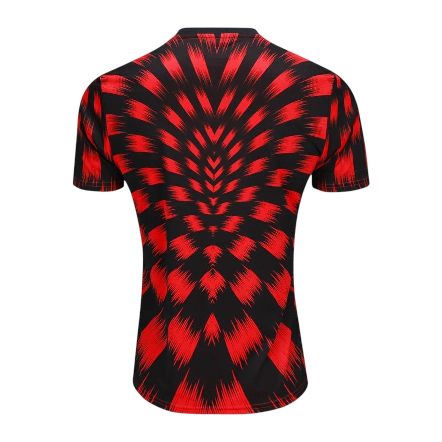 GOATkitz Flamengo black and red pre-match jersey with a dynamic abstract pattern. Short sleeves, crew neck.