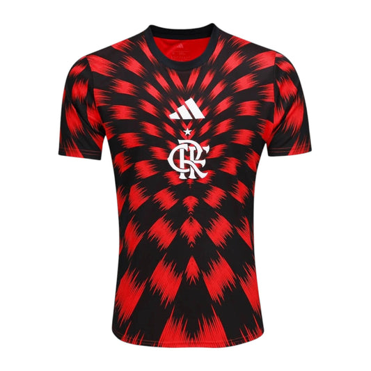 GOATkitz Flamengo black and red tie-dye pre-match jersey with white club crest and Adidas logo.
