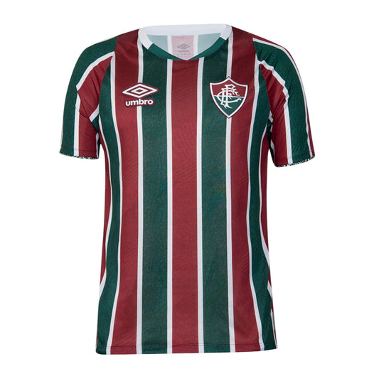 GOATkitz Fluminense 2025-26 adult home jersey in maroon, green, and white vertical stripes. Features Umbro logo and Fluminense crest.