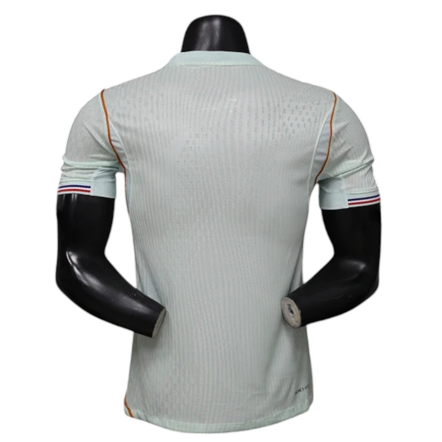 GOATkitz light blue France 2026 player version away jersey with customizable name/number and optional badges. Features subtle vertical stripes and tricolor sleeve cuffs.