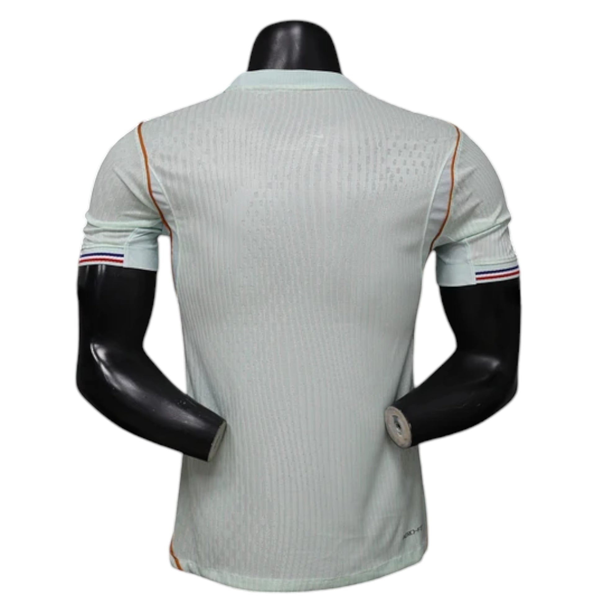 GOATkitz light blue France 2026 player version away jersey with customizable name/number and optional badges. Features subtle vertical stripes and tricolor sleeve cuffs.