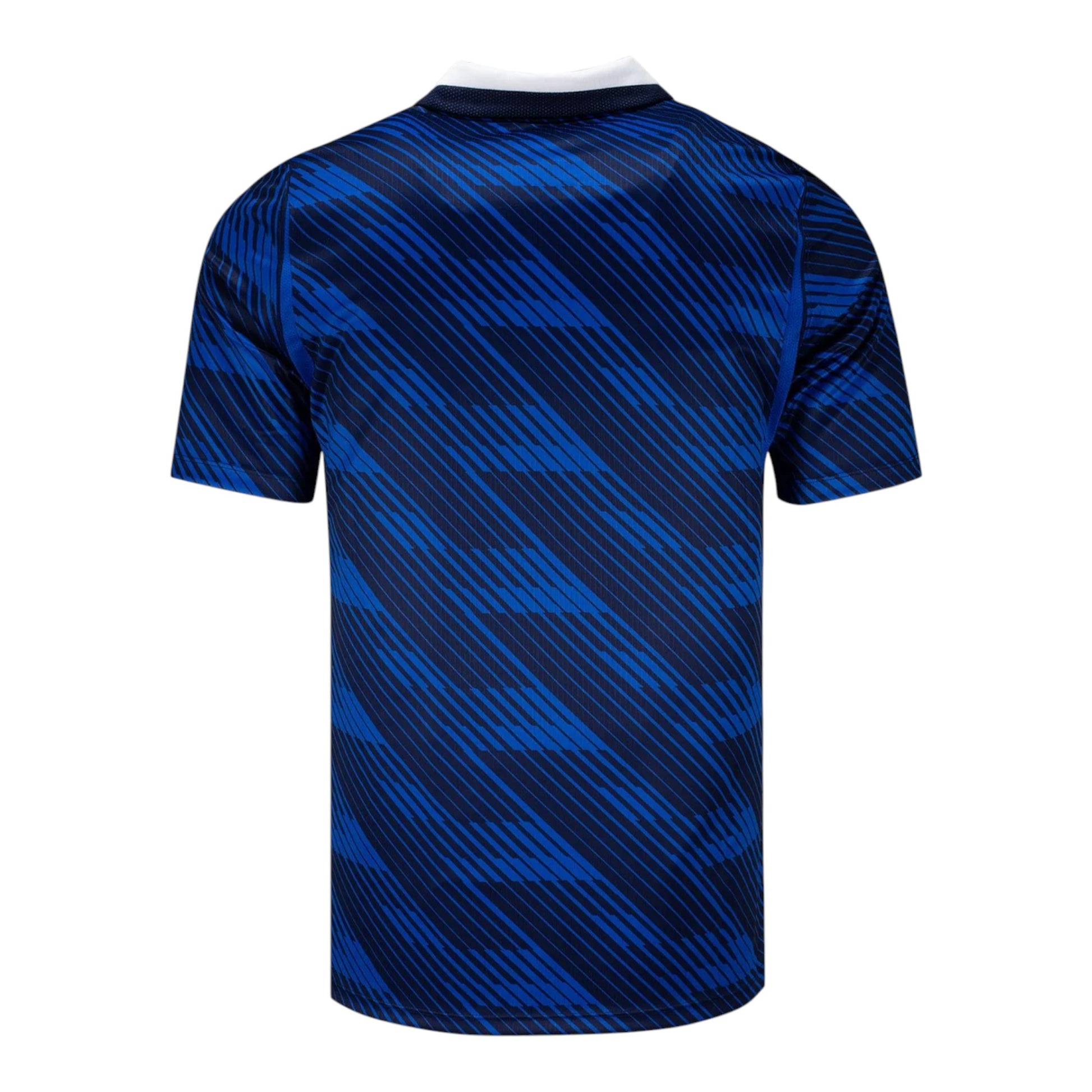 GOATkitz France 2026 adult home jersey in blue with a dark blue geometric pattern and white collar. Customizable.