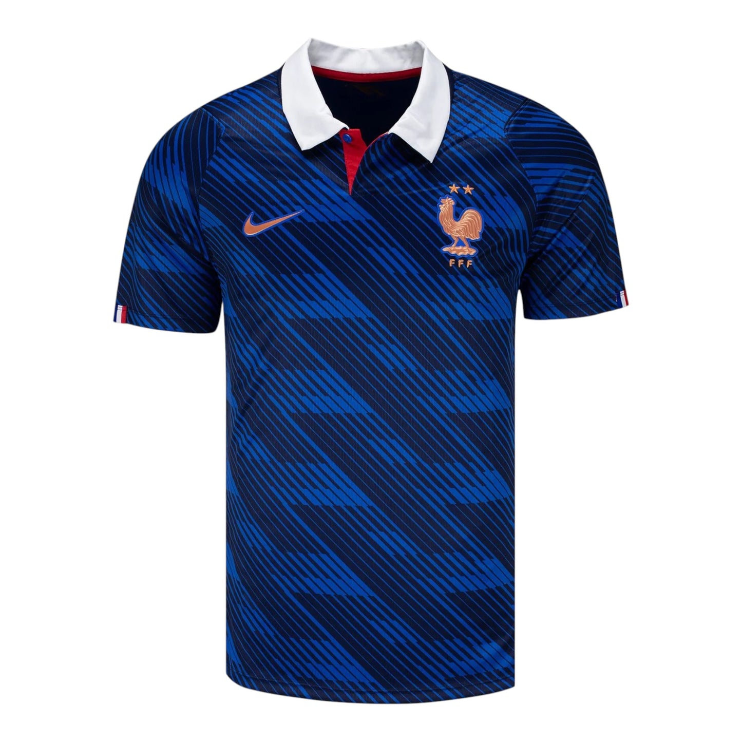GOATkitz France 2026 adult home jersey in blue with a white collar and red accents. Features a dynamic striped pattern and the French Football Federation crest.