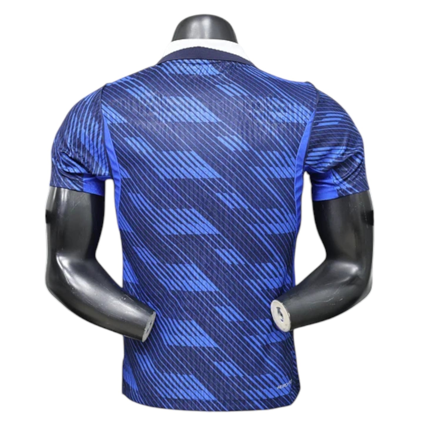 GOATkitz France 2026 Player Version Home Jersey, navy blue with blue geometric pattern, white collar, short sleeves.