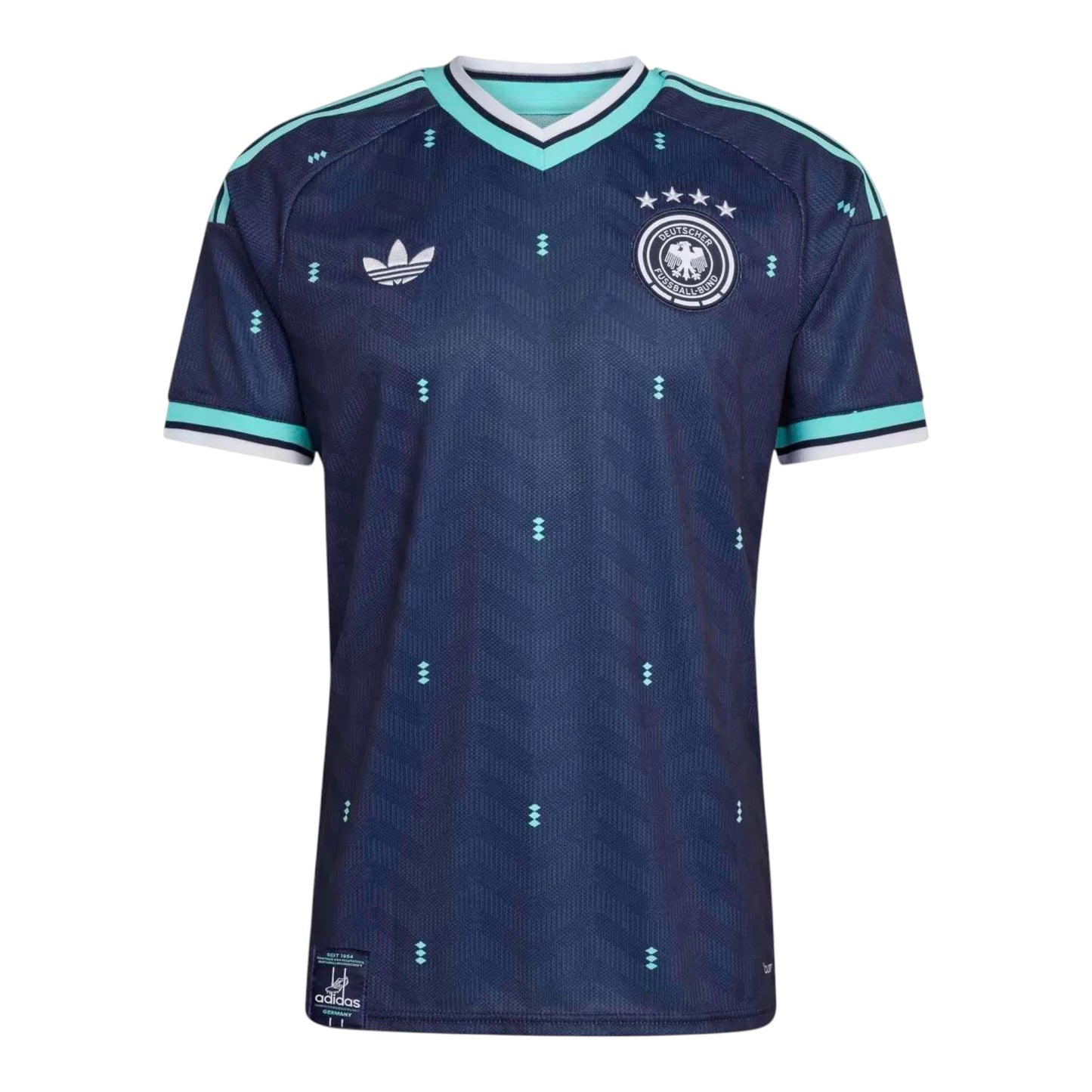 GOATkitz Germany 2026 adult away jersey in navy blue with a subtle chevron pattern and teal accents. Features the German crest and Adidas logo.