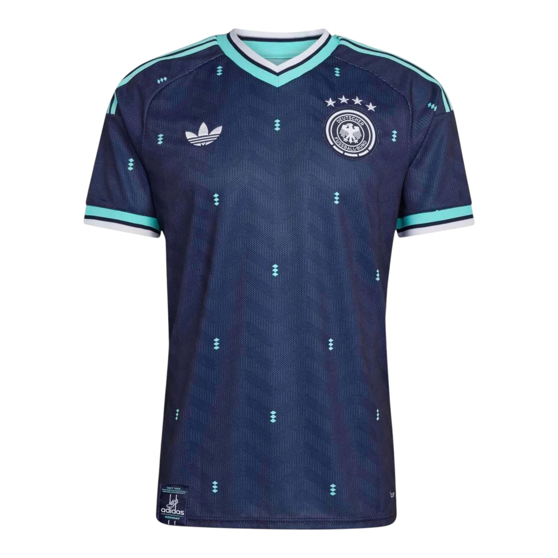 GOATkitz Germany 2026 adult away jersey in navy blue with a subtle chevron pattern and teal accents. Features the German crest and Adidas logo.
