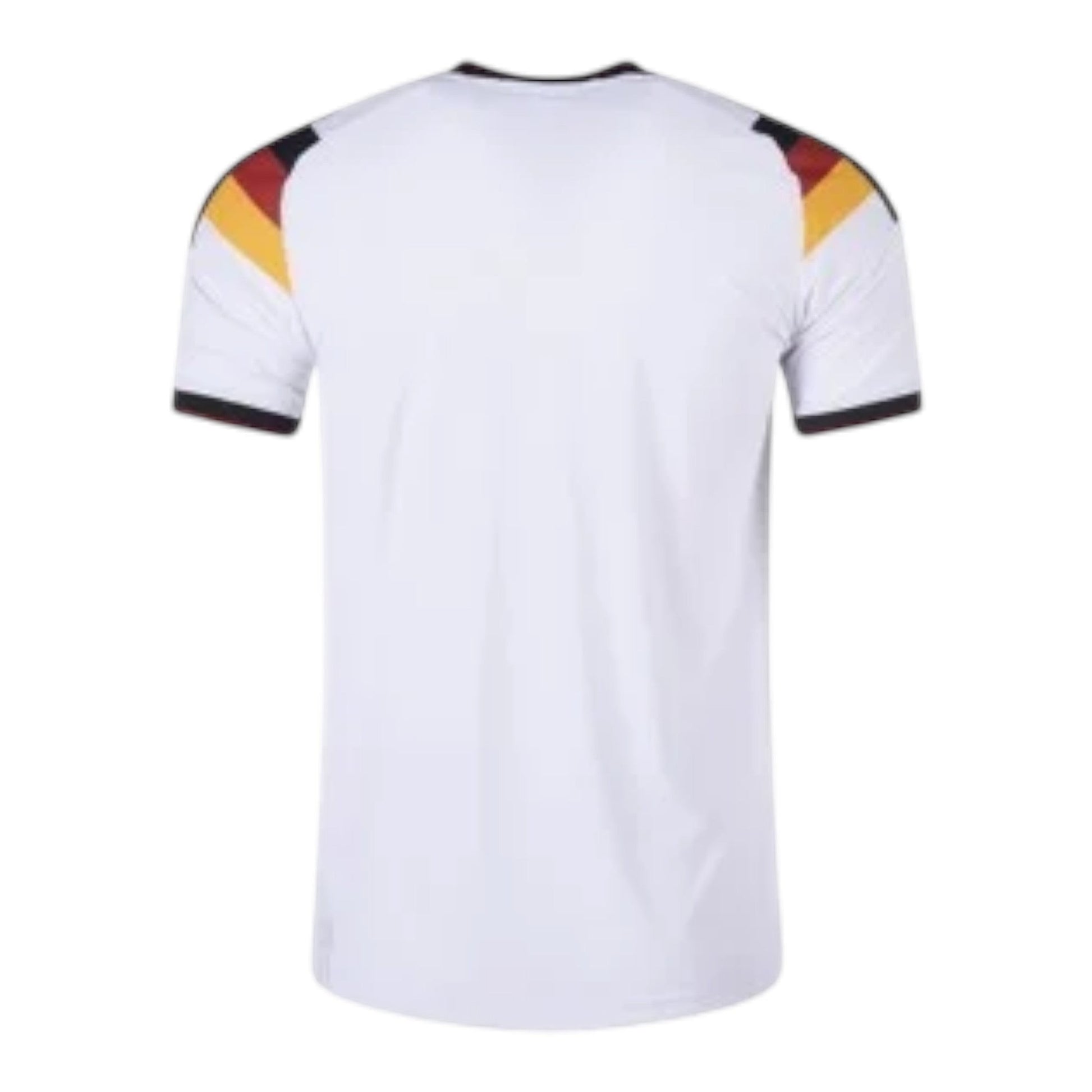 GOATkitz Germany 2026 kids home jersey, white with black, red, and yellow accents on sleeves and collar. Customizable.