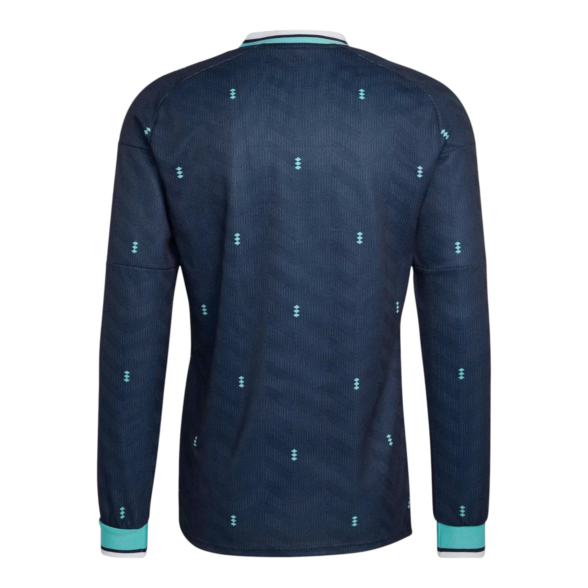 GOATkitz Germany 2026 adult long sleeve away jersey in navy blue with a subtle chevron pattern and repeating light blue diamond emblems. Features a white and light blue striped collar and cuffs.