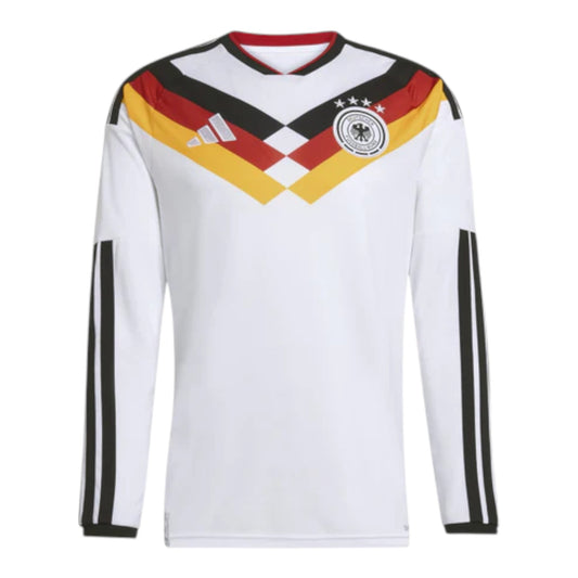 GOATkitz Germany 2026 long sleeve white football jersey with black and yellow trim on the chest and black stripes on the sleeves.