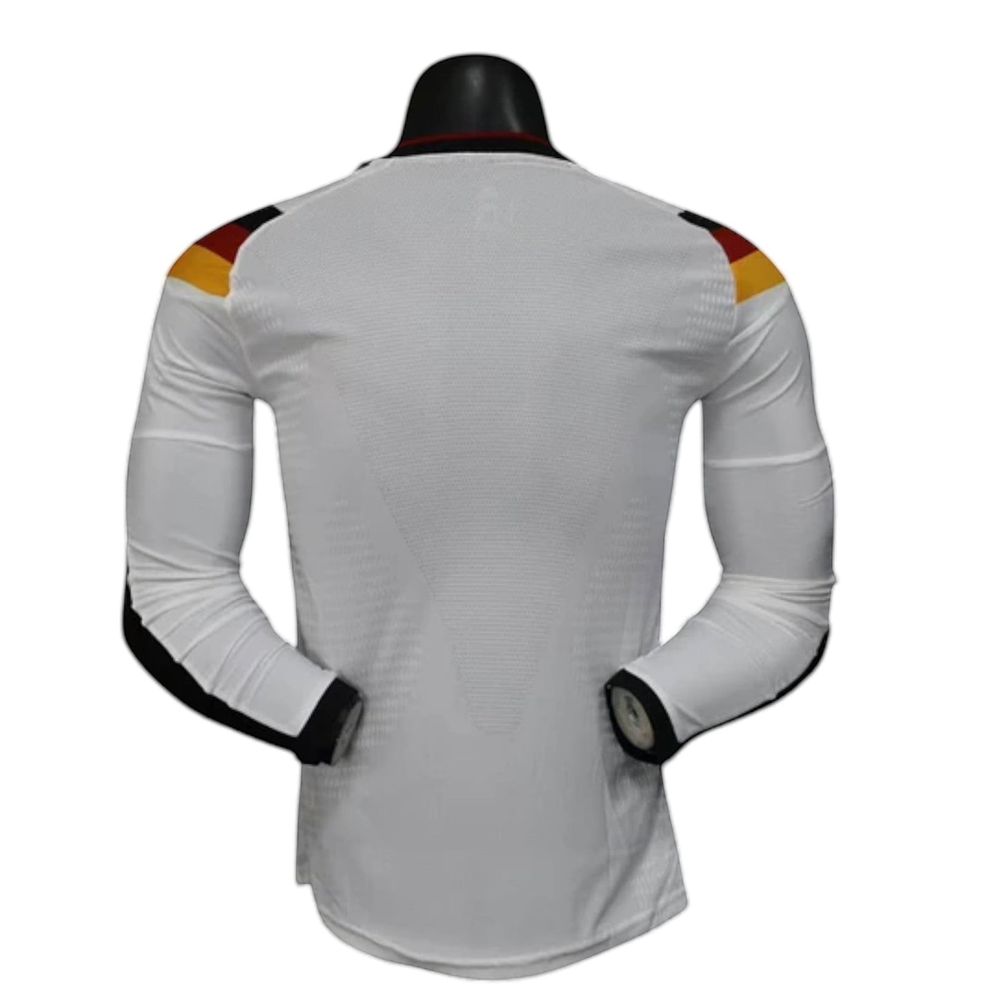 GOATkitz Germany 2026 long sleeve player version home jersey in white with black and yellow accents on shoulders.