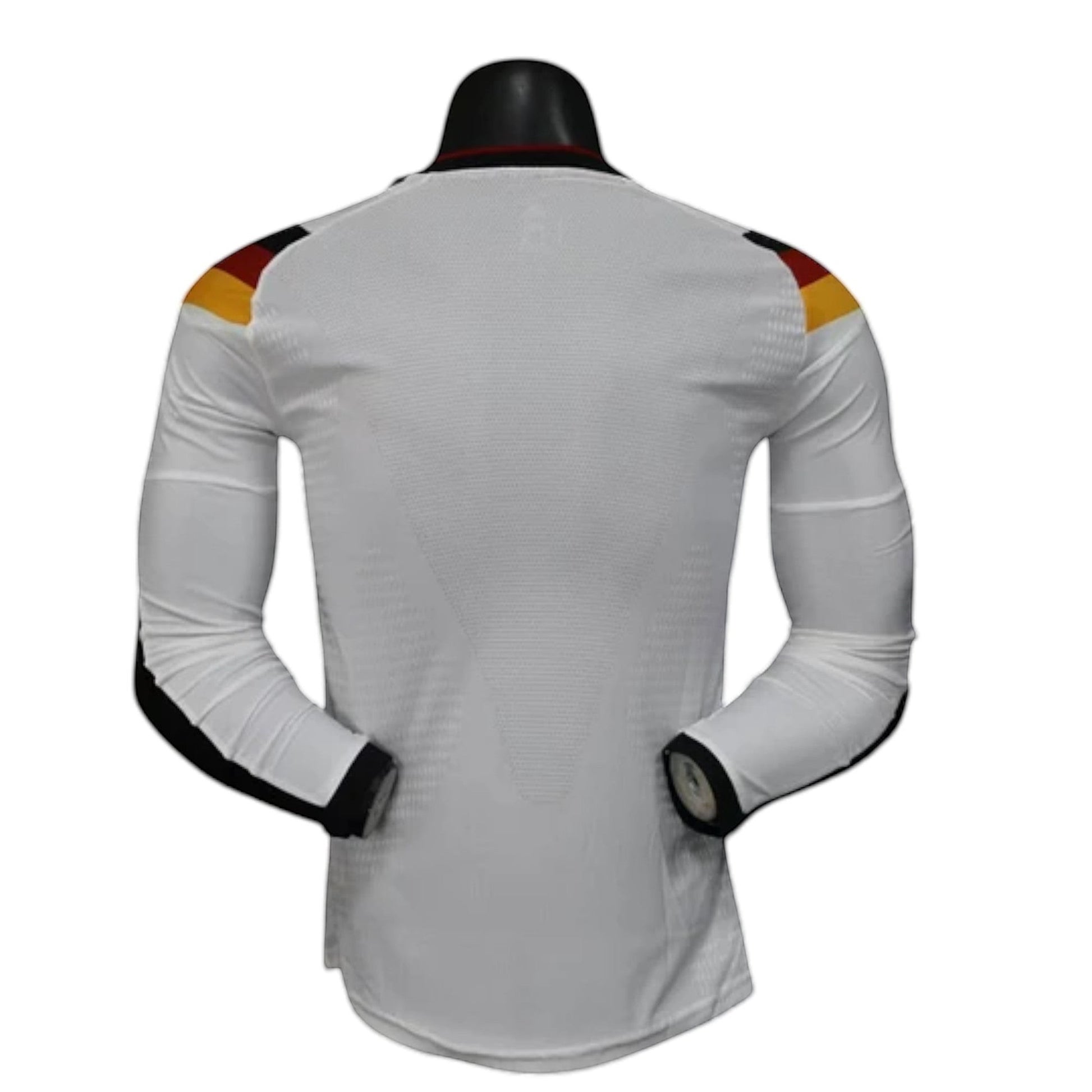 GOATkitz Germany 2026 long sleeve player version home jersey in white with black and yellow accents on shoulders.