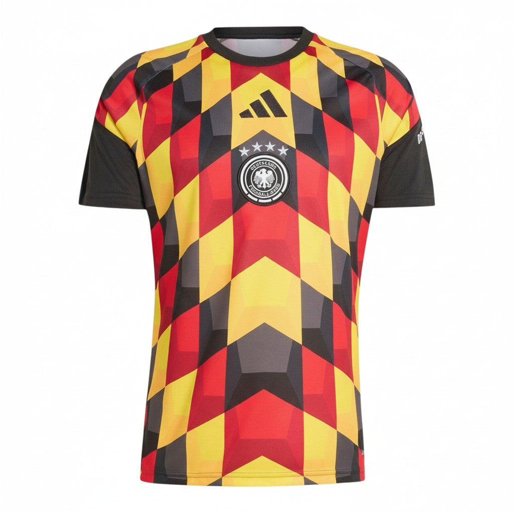GOATkitz Germany 2026 checkered pre-match jersey in black, red, and yellow. Features a geometric pattern and the German Football Association crest.