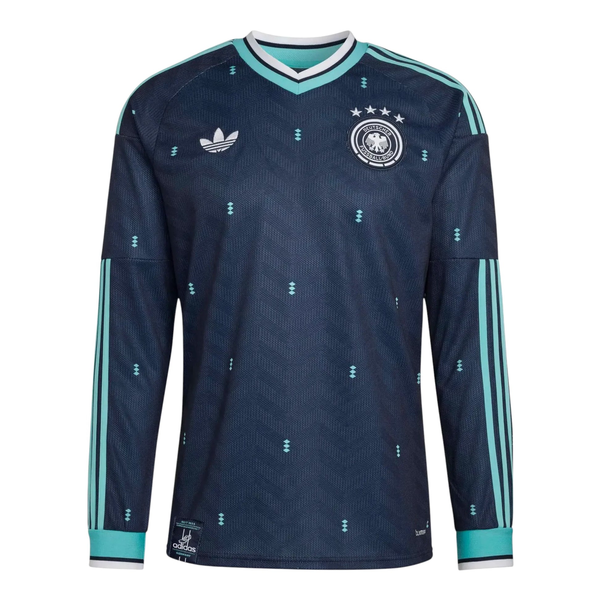 GOATkitz Germany 2026 adult long sleeve away jersey in dark blue with teal accents and subtle diamond pattern. Features Adidas logo and German crest.