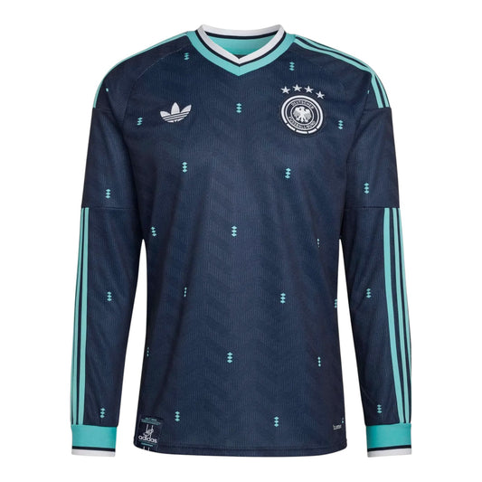 GOATkitz Germany 2026 adult long sleeve away jersey in dark blue with teal accents and subtle diamond pattern. Features Adidas logo and German crest.
