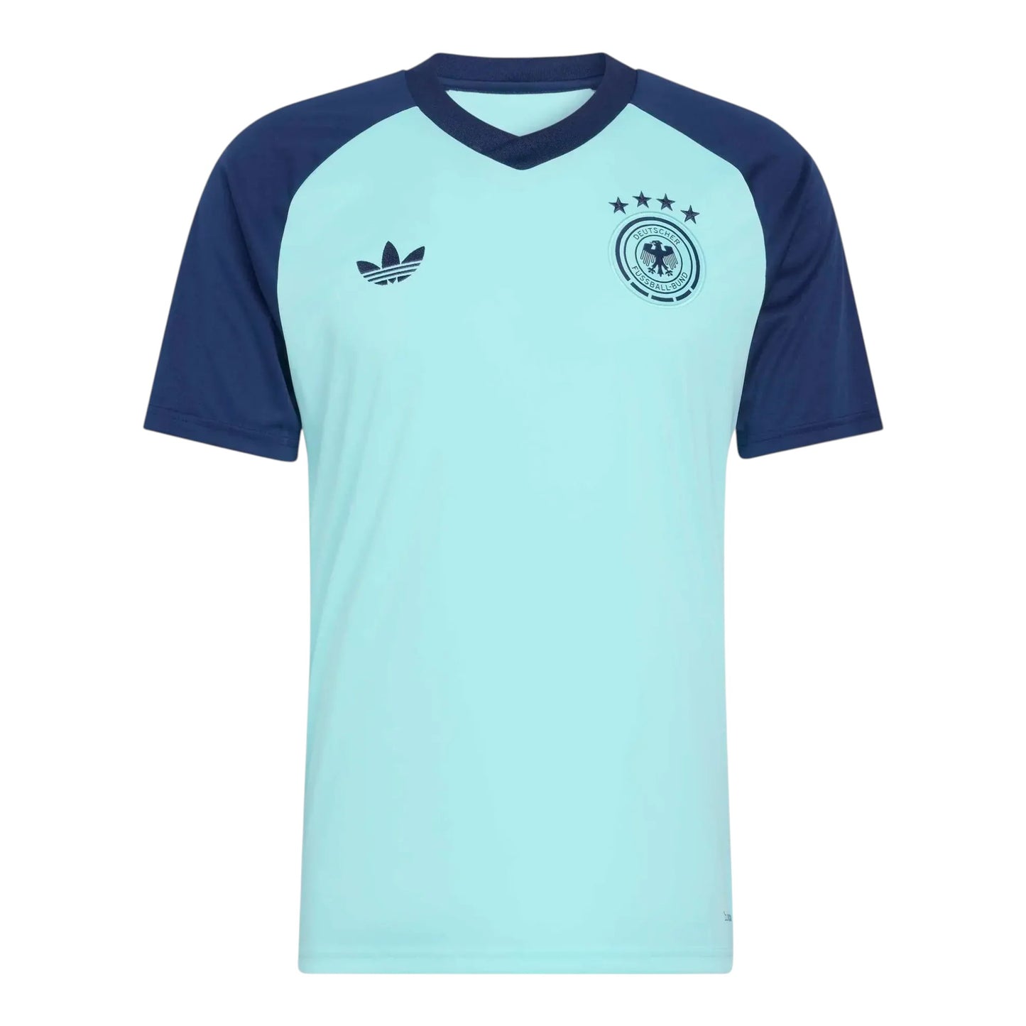 GOATkitz Germany 2026 blue pre-match jersey with navy raglan sleeves and v-neck. Features Adidas logo and DFB crest.