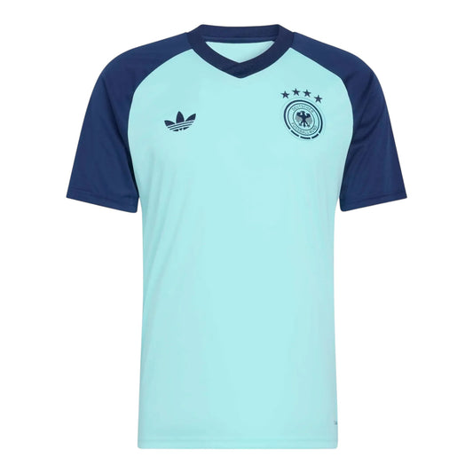 GOATkitz Germany 2026 blue pre-match jersey with navy raglan sleeves and v-neck. Features Adidas logo and DFB crest.