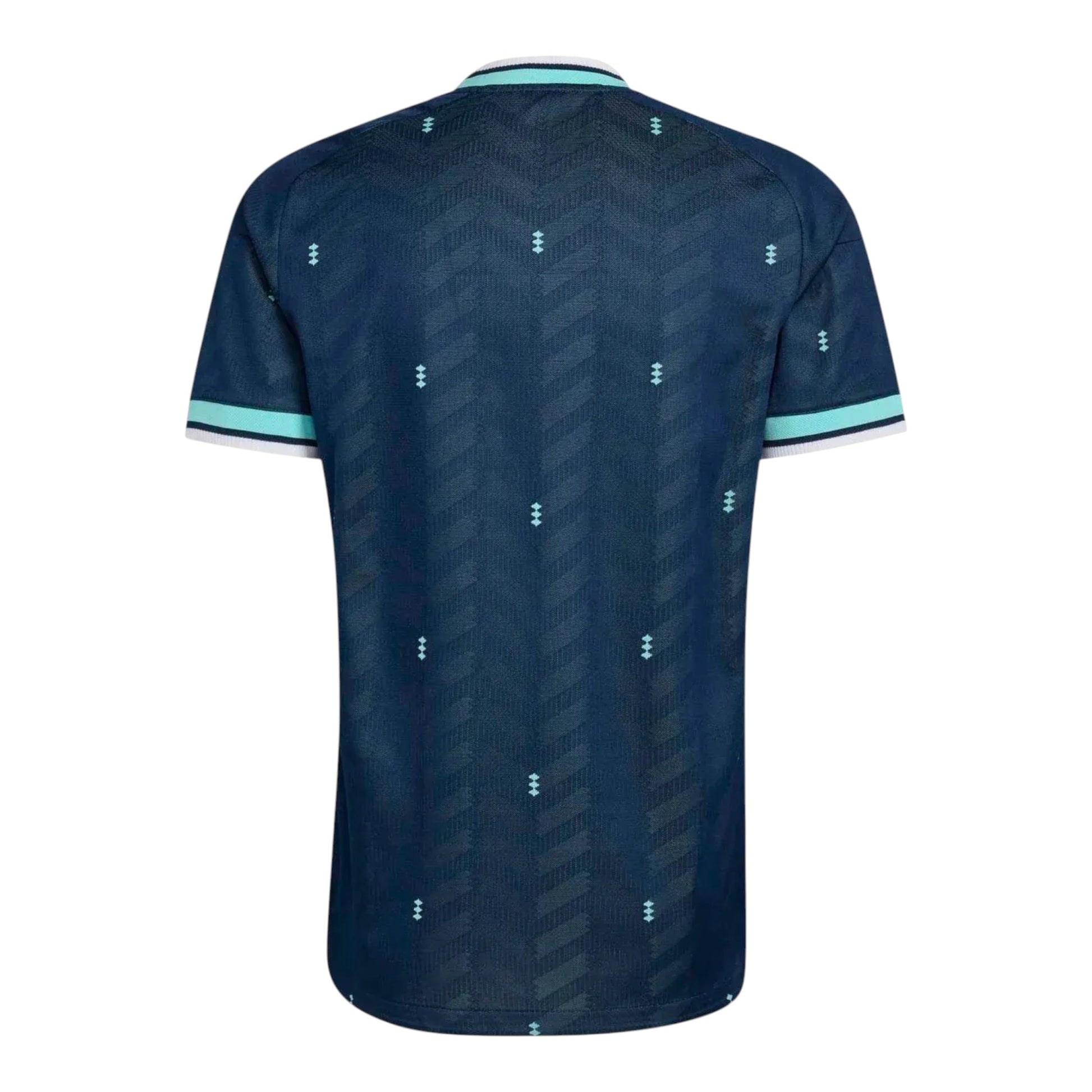 GOATkitz Germany 2026 kids away jersey in dark blue with a subtle chevron pattern and small diamond emblems. Features light blue and white striped collar and sleeve cuffs.