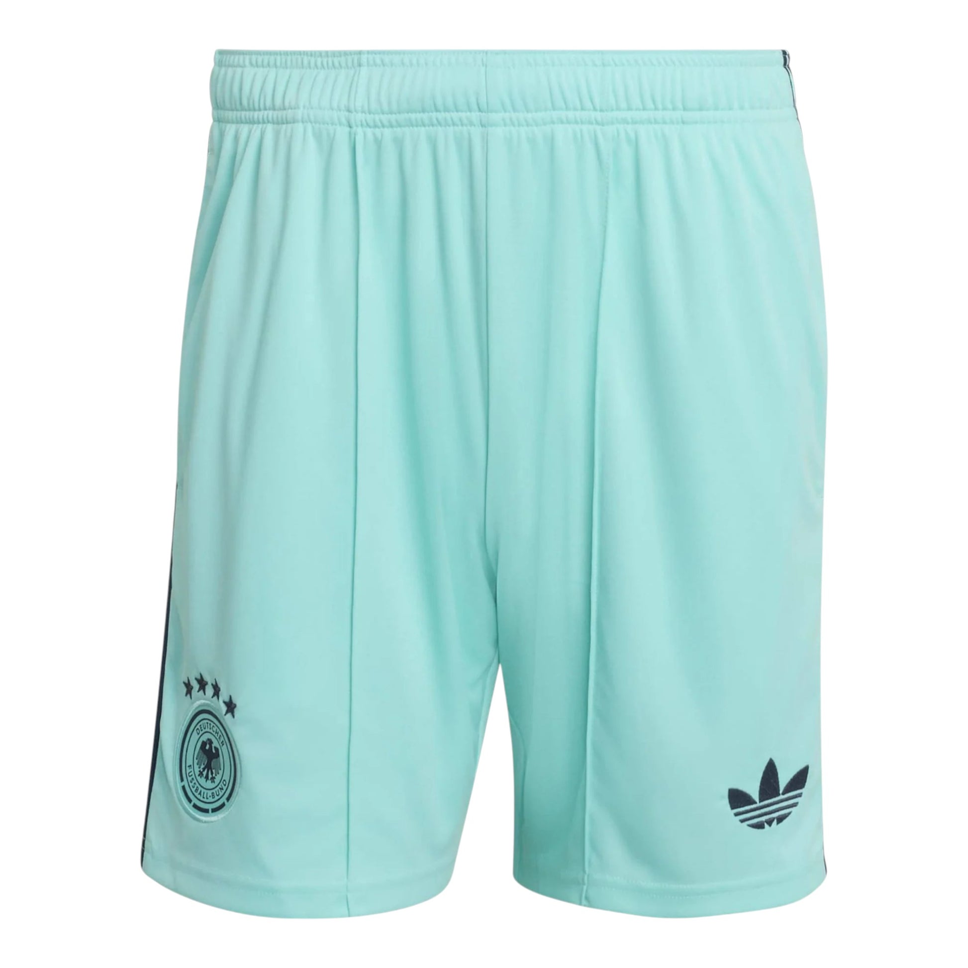 GOATkitz Germany 2026 kids away shorts in mint green with navy trim and embroidered crest and logo.