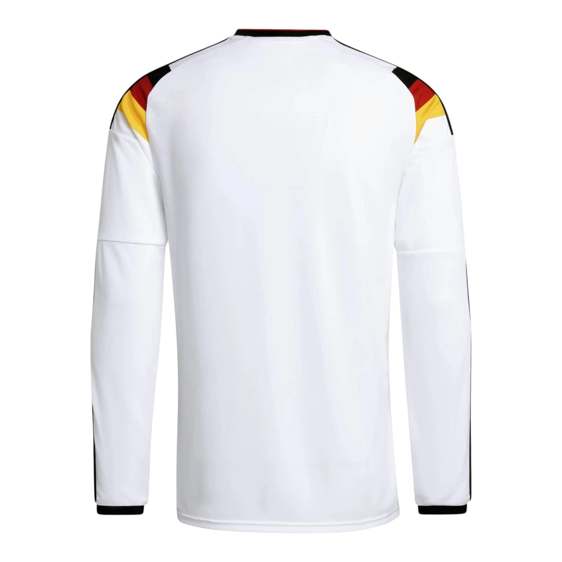 GOATkitz Germany 2026 long sleeve white football jersey with black and gold trim on shoulders.