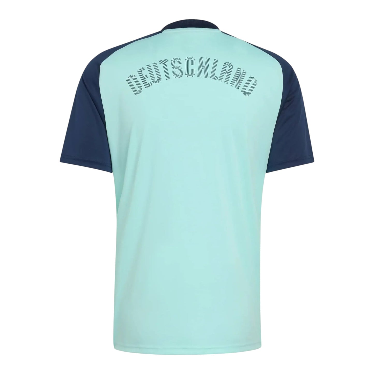 GOATkitz Germany 2026 blue pre-match jersey with 'DEUTSCHLAND' text on the back. Short sleeves and navy blue accents.