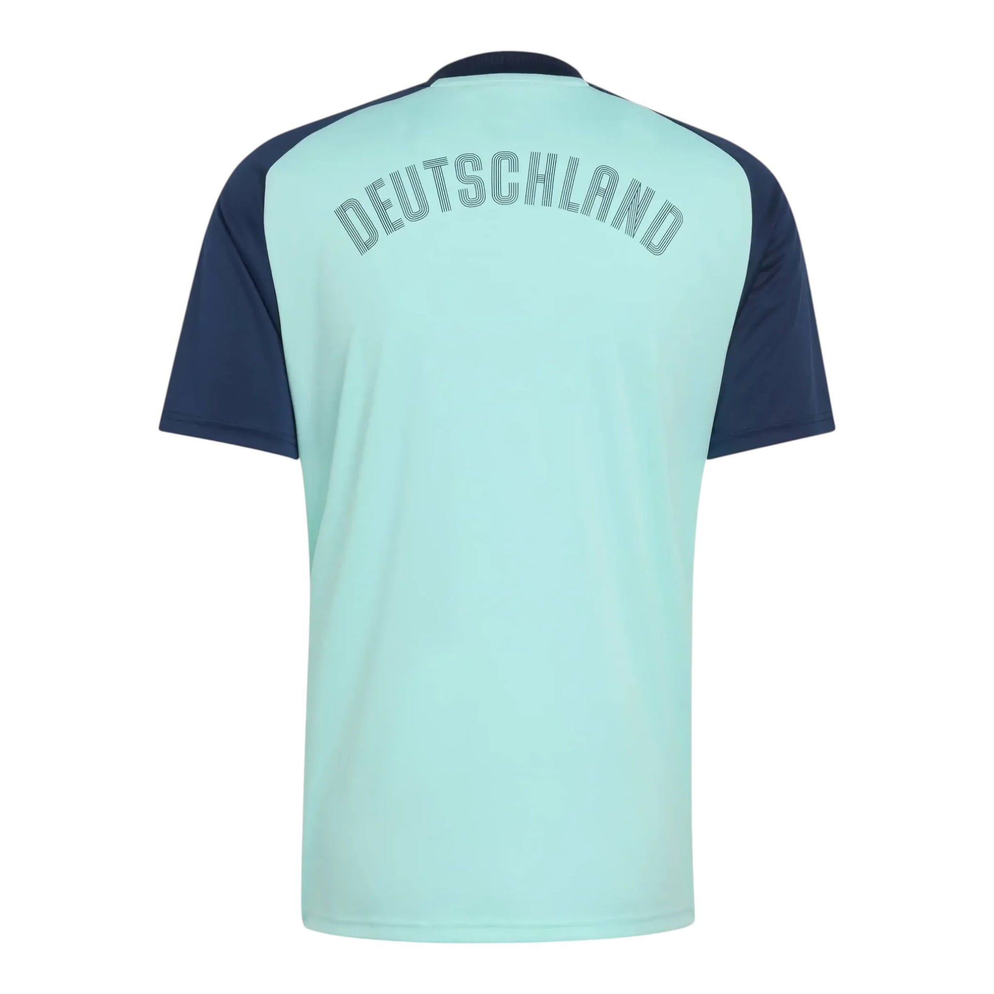 GOATkitz Germany 2026 blue pre-match jersey with 'DEUTSCHLAND' text on the back. Short sleeves and navy blue accents.