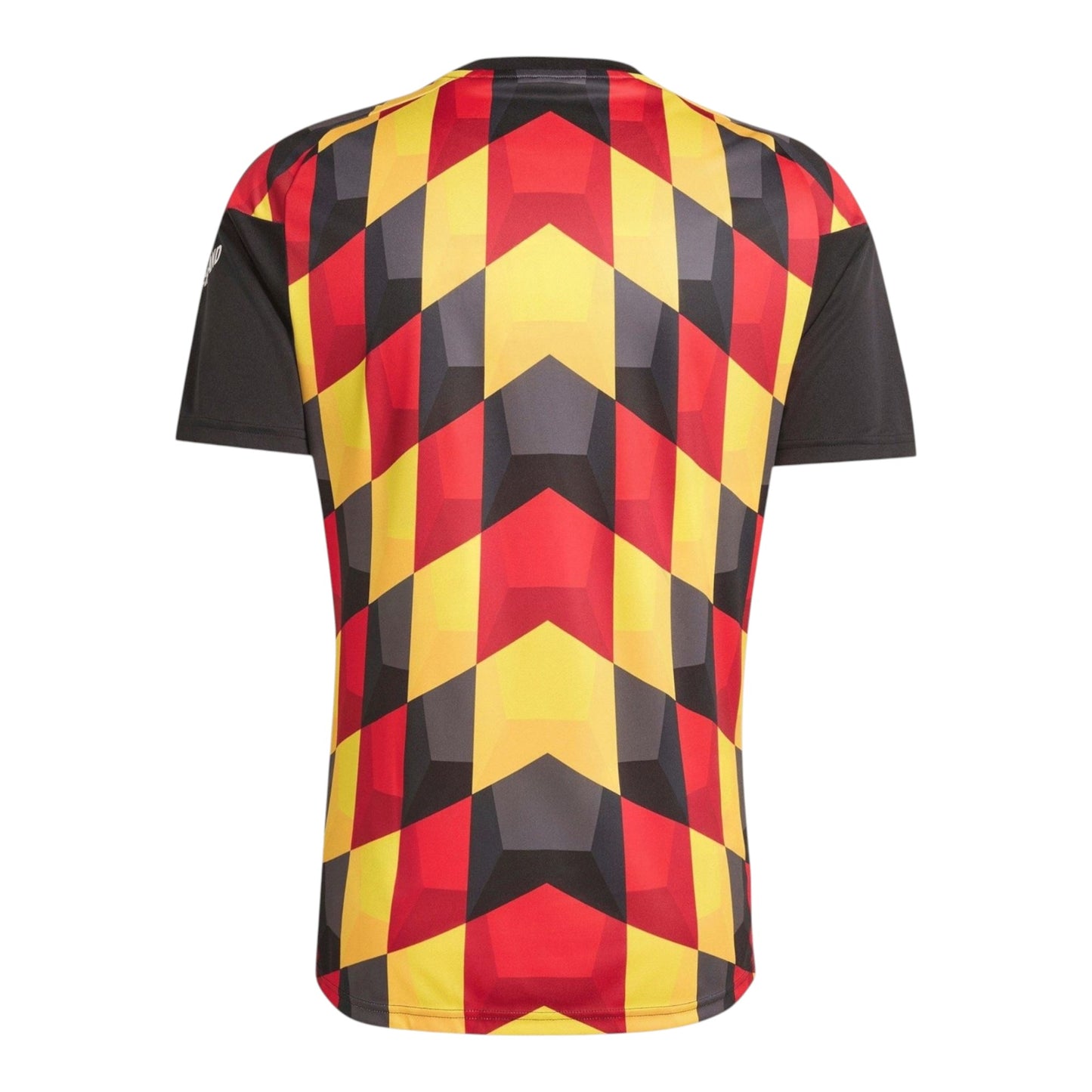 GOATkitz Germany 2026 checkered pre-match jersey with black sleeves and a geometric red, yellow, and black pattern.