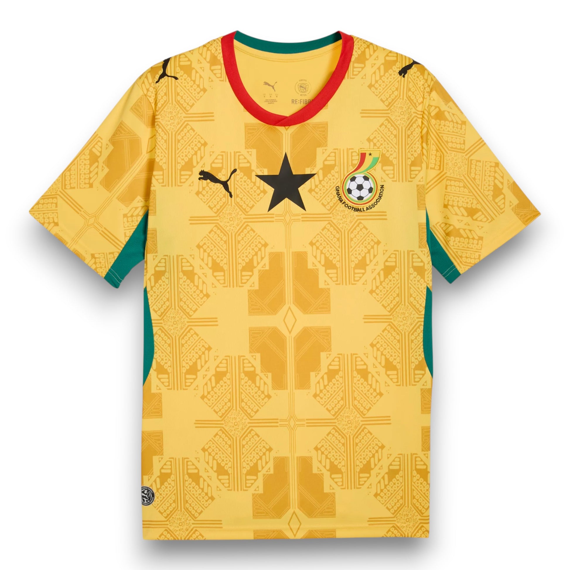 GOATkitz Ghana 2026 adult home jersey in yellow with black star and green trim. Features customisable name/number and badges.