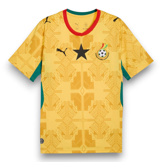 GOATkitz Ghana 2026 adult home jersey in yellow with black star and green trim. Features customisable name/number and badges.