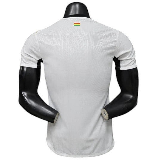GOATkitz Ghana 2026 Player Version white football jersey with black accents and Ghana flag detail on the collar.