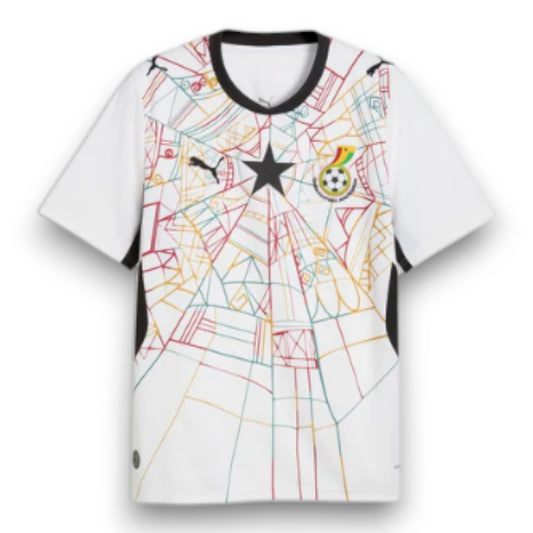 GOATkitz Ghana 2026 Adult Away Jersey, white with black trim and colourful geometric pattern. Features Ghana crest and Puma logo.