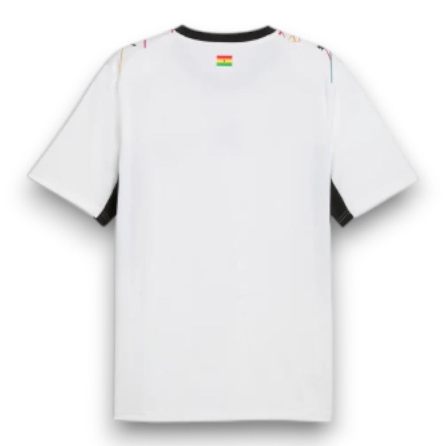 GOATkitz Ghana 2026 adult away jersey, white with black accents and colorful graphic details on shoulders. Customizable.