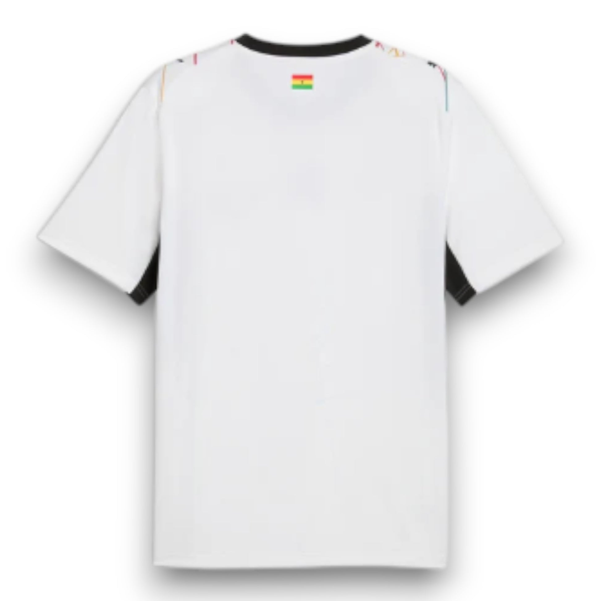 GOATkitz Ghana 2026 adult away jersey, white with black accents and colorful graphic details on shoulders. Customizable.
