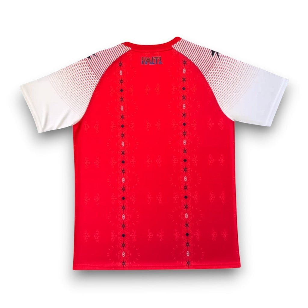 GOATkitz Haiti 2026 Third Jersey, red with white sleeves and intricate black and white patterns. Customizable.