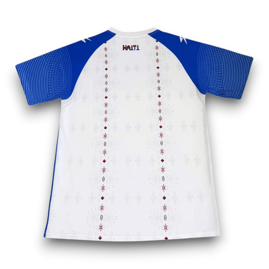 GOATkitz Haiti 2026 Adult Away Jersey, white with blue sleeves and red accents. Customizable fan version.