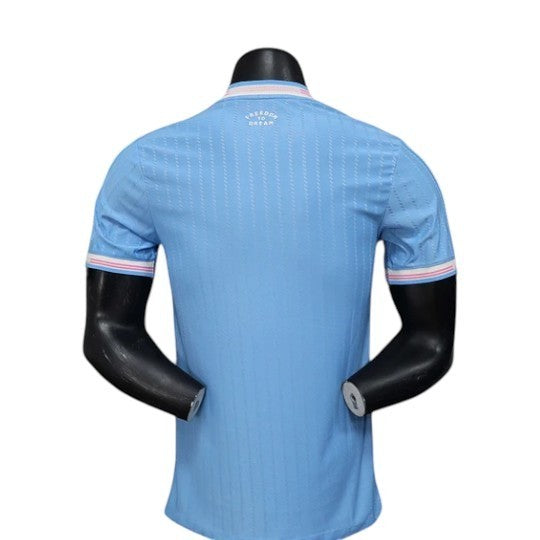 GOATkitz Inter Miami 2025-26 Player Version Third Jersey, light blue with pink and white striped cuffs and collar. Customizable.